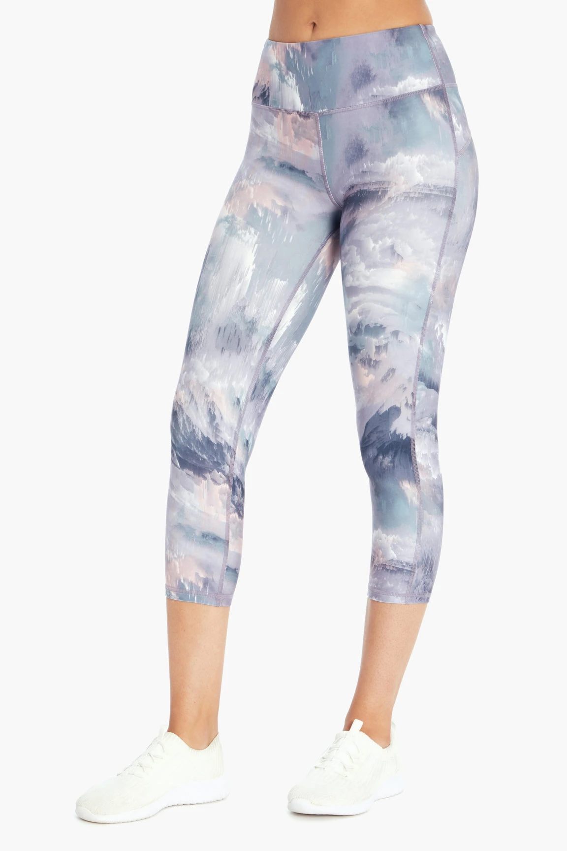 Marika Sport Stormy Sky Printed Capri Legging - Purple Ash | Playful Print Capris for Women 1 Marika Sport Stormy Sky Printed Capri Legging - Purple Ash